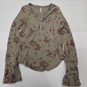 Free People One The We Are One Henley Top XL Gray Floral Thermal Bell Sleeve